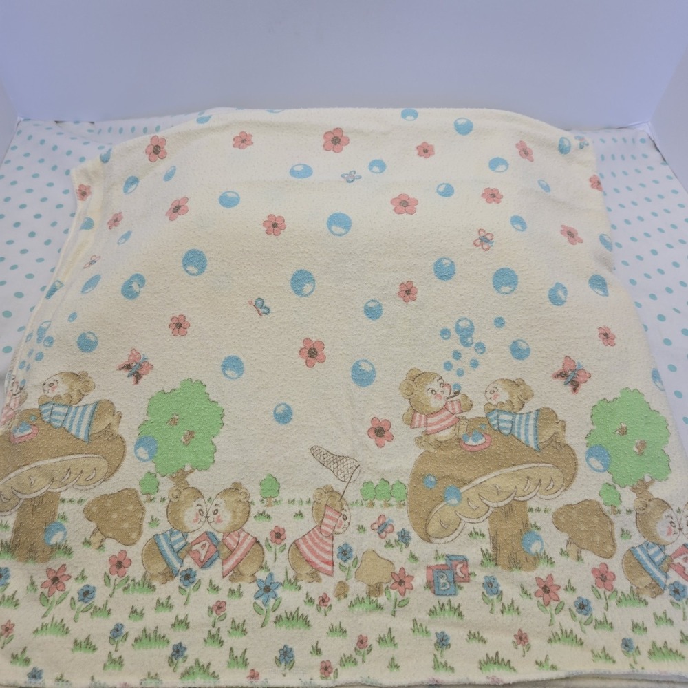 Vintage Toddle Time Unisex Receiving Blankets Set Of 2 Mushrooms Bubbles Bears